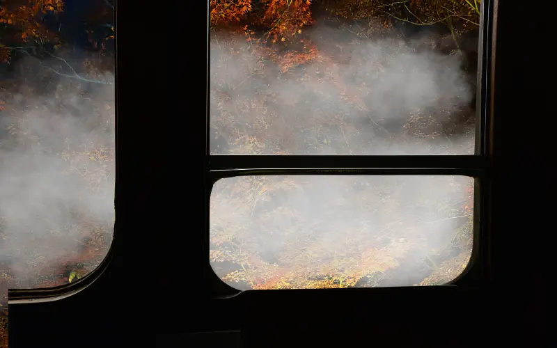 「もみじのトンネル」を通り抜ける叡山電車の車窓|窓ガラスが曇って外がよく見えない様子