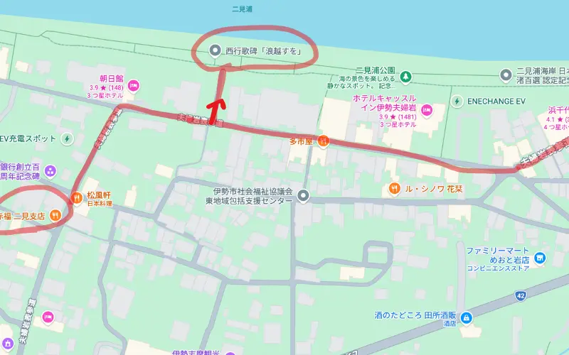 赤福二見浦店から、西行歌碑、夫婦岩に行くまでの地図
