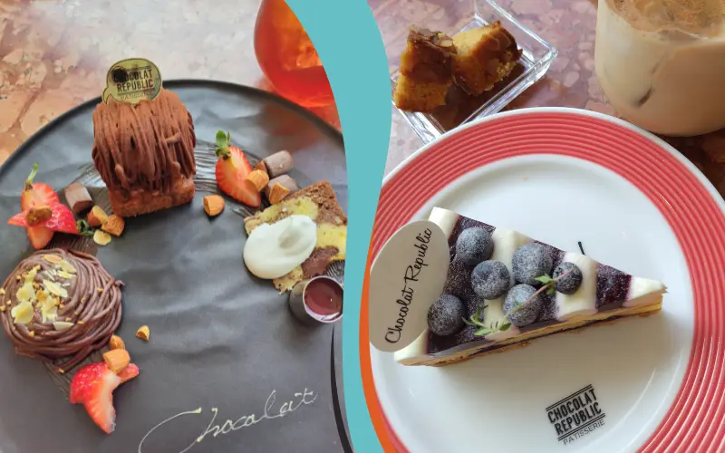 神戸の人気スイーツカフェ「ショコラリパブリック」のチョコレートといちごのプレートとブルーベリータルト