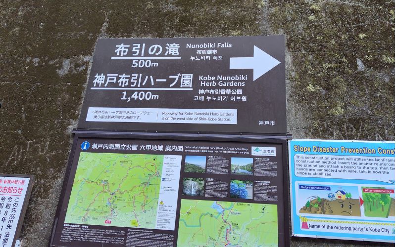 新神戸駅の山側にある「布引の滝へ」行く看板