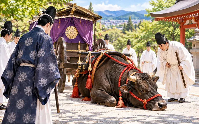 道真公のご遺骸を乗せた牛車を牽く牛が動かなくなった場面のイメージ