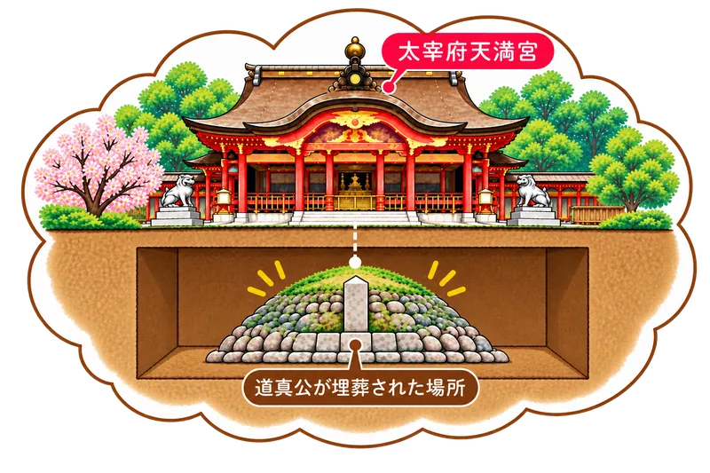 太宰府天満宮の御本殿と菅原道真公が埋葬された場所のイメージ図
